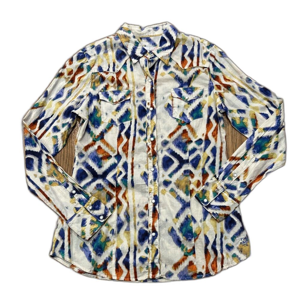 Tin Haul Shirt Womens Large Cowgirl Pearl Snap Cream Blue Red Western Rodeo